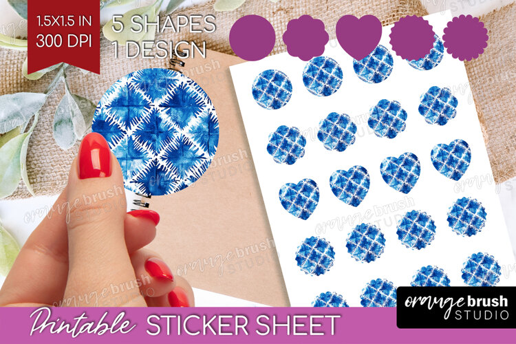 Blue Tie Dye Round Sticker - Shibori Printable Sticker Sheet example image 1