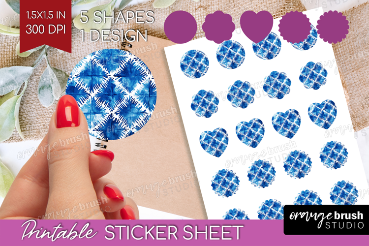 Blue Tie Dye Round Sticker - Shibori Printable Sticker Sheet