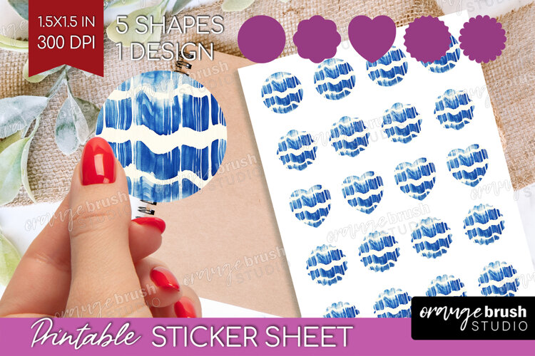 Blue Tie Dye Round Sticker - Shibori Printable Sticker Sheet example image 1