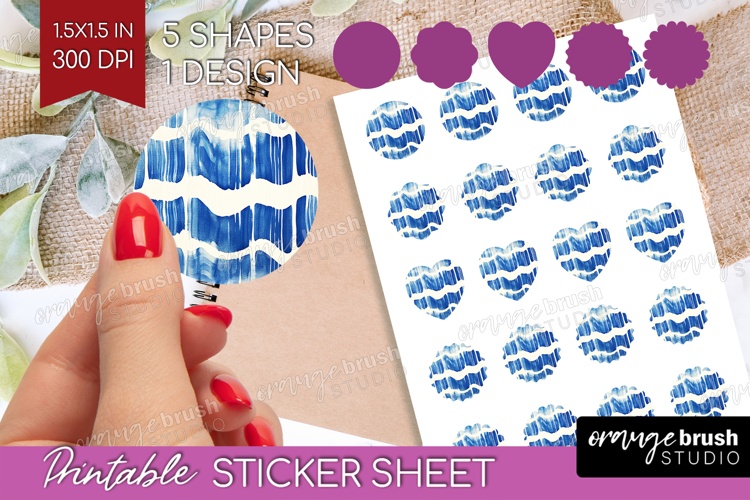Blue Tie Dye Round Sticker - Shibori Printable Sticker Sheet