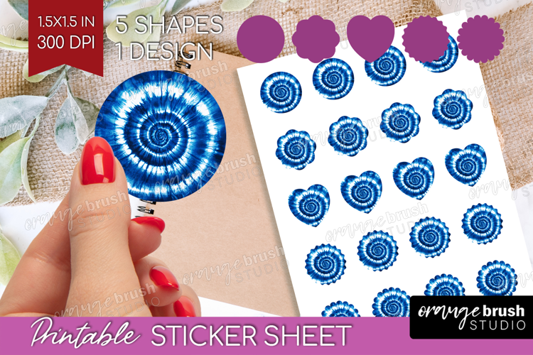 Blue Tie Dye Round Sticker - Shibori Printable Sticker Sheet