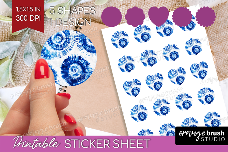 Blue Tie Dye Round Sticker - Shibori Printable Sticker Sheet