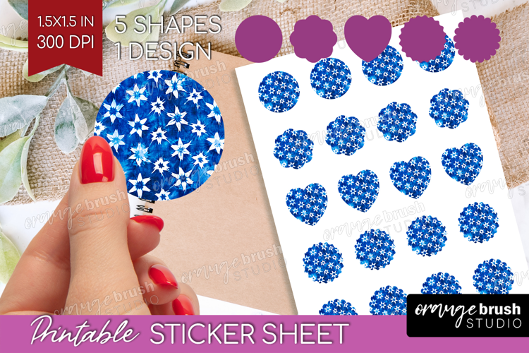 Blue Tie Dye Round Sticker - Shibori Printable Sticker Sheet