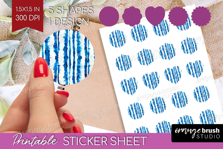 Blue Tie Dye Round Sticker - Shibori Printable Sticker Sheet