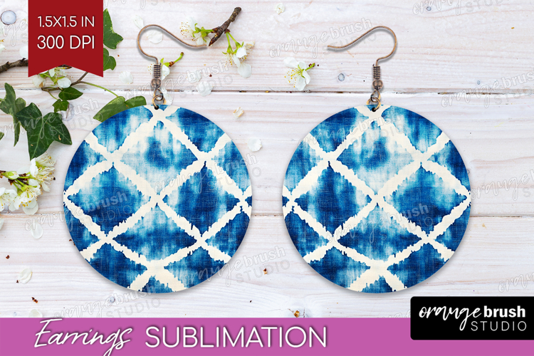 Blue Tie Dye Round Earrings - Shibori PNG Sublimation