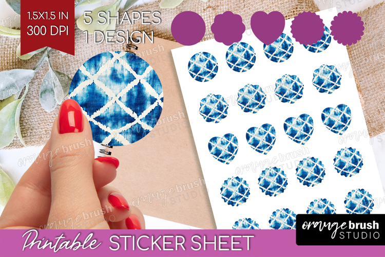 Blue Tie Dye Round Sticker - Shibori Printable Sticker Sheet
