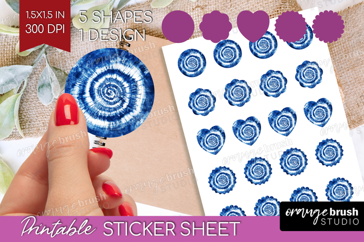 Blue Tie Dye Round Sticker - Shibori Printable Sticker Sheet