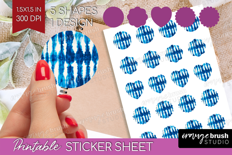 Blue Tie Dye Round Sticker - Shibori Printable Sticker Sheet