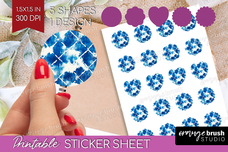 Blue Tie Dye Round Sticker - Shibori Printable Sticker Sheet