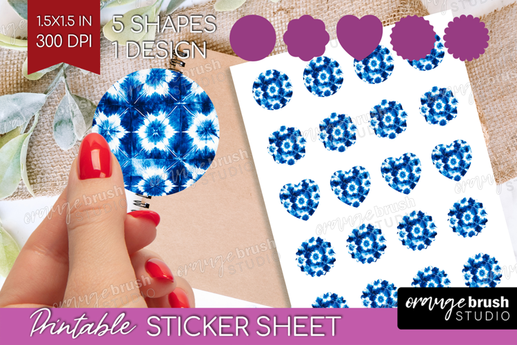Blue Tie Dye Round Sticker - Shibori Printable Sticker Sheet
