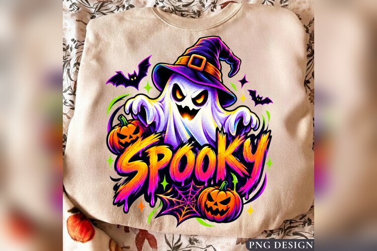 Spooky Ghost Halloween PNG, Witch Hat Pumpkin Shirt Design example image 1