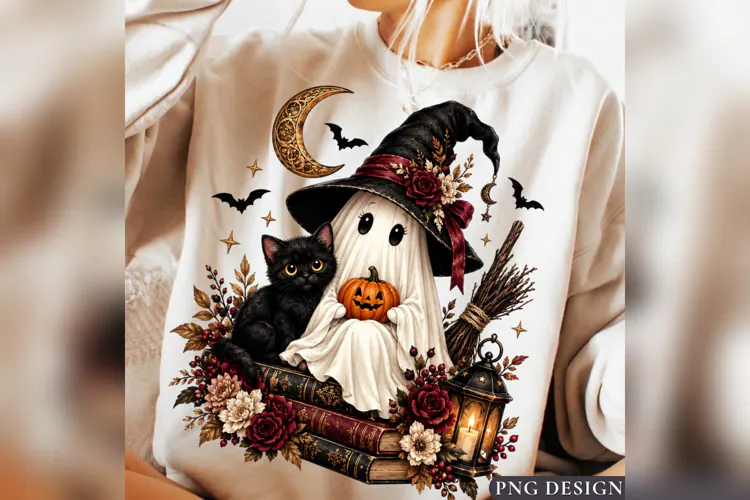 Witch Ghost Halloween PNG, Black Cat Pumpkin Design, Vintage