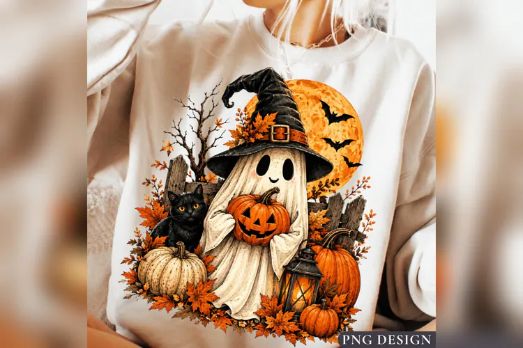 Halloween Ghost PNG, Cute Witch Ghost Pumpkin Black Cat Fall