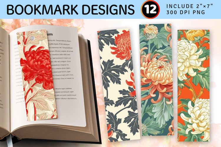 Chinese Chrysanthemums PNG Bookmark Sublimation Design example image 1