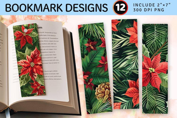 Poinsettia Pine Leaves PNG Bookmark Sublimation Designs