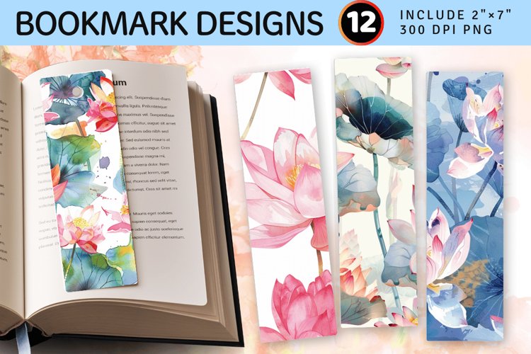 Watercolor Lotus Floral PNG Bookmark Sublimation Design
