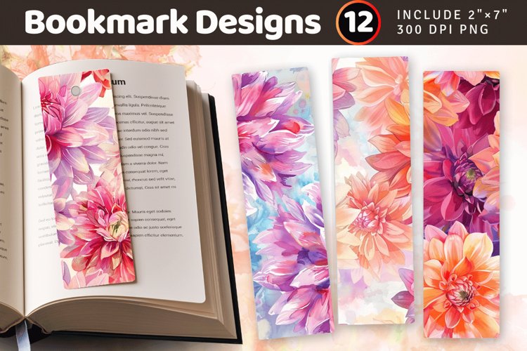 Watercolor Dahlia Flowers PNG Bookmark Sublimation Designs example image 1