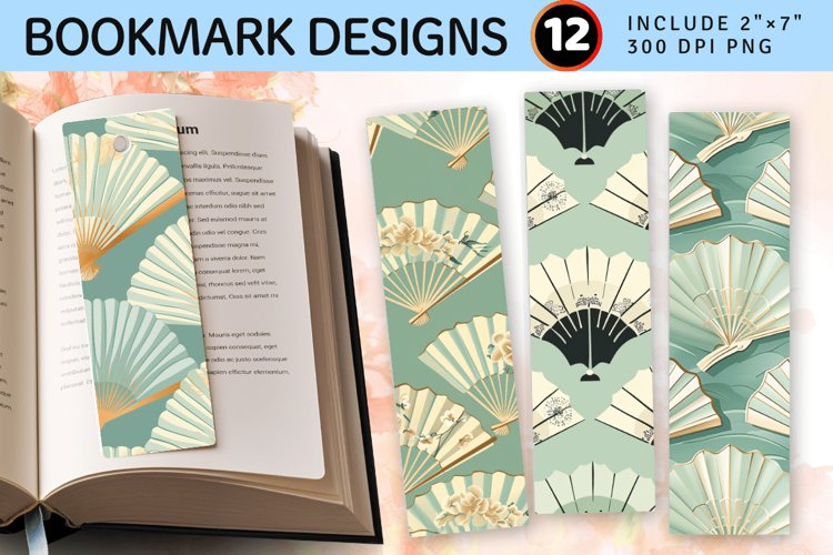 Mint Japanese Fan PNG Bookmark Sublimation Design example image 1