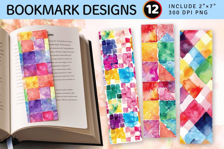 Watercolor Colorful Checkered PNG Bookmark Sublimation Des example image 1