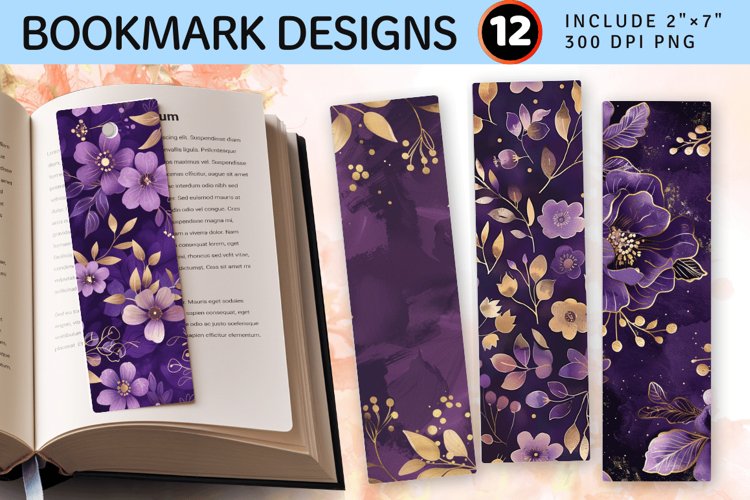 Purple   Gold Floral PNG Bookmark Sublimation Designs