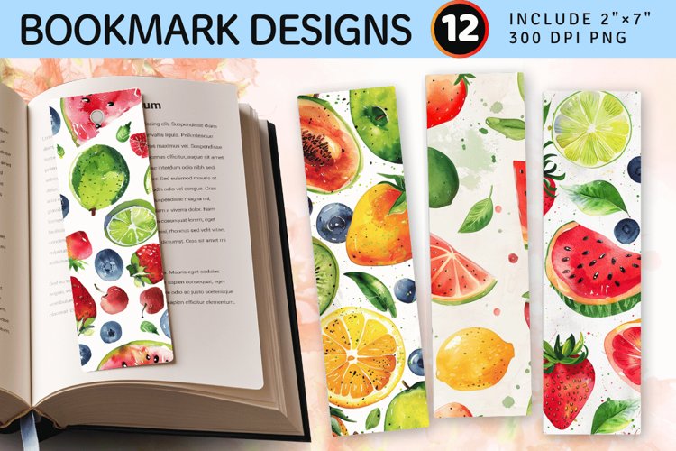 Watercolor Summer Fruits PNG Bookmark Sublimation Designs