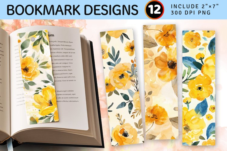 Yellow Watercolor Flowers PNG Bookmark Sublimation Designs