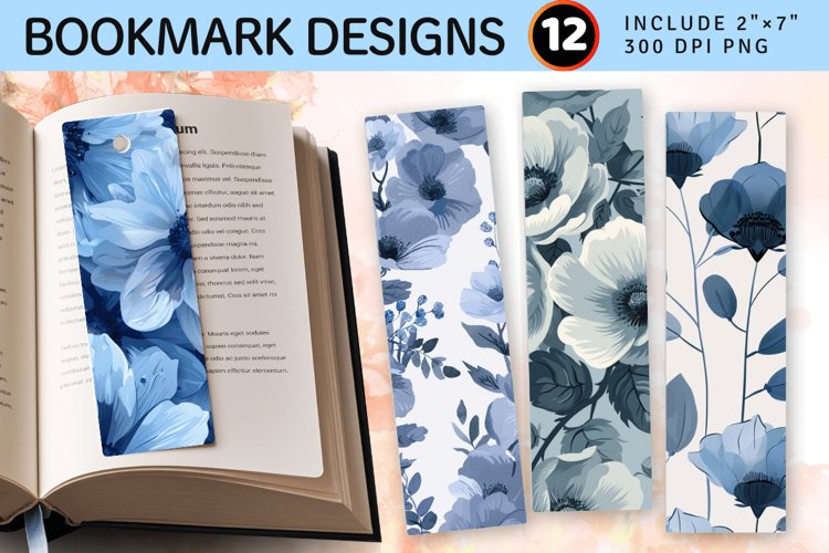 Dusty Blue Flowers PNG Bookmark Sublimation Designs