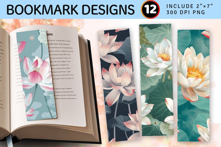 Peaceful Lotus Flowers PNG Bookmark Sublimation Designs