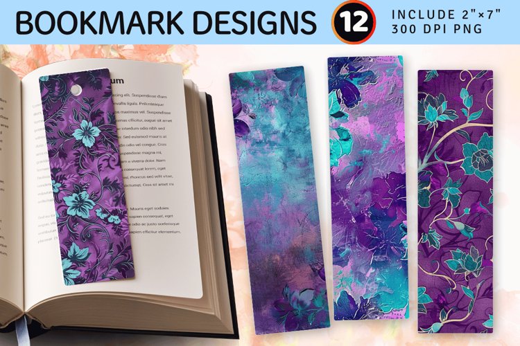 Purple and Turquoise Luxury Floral PNG Bookmark Sublimation