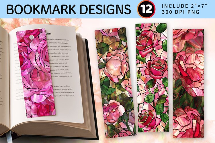 Stained Glass Pink Rose PNG Bookmark Sublimation Design