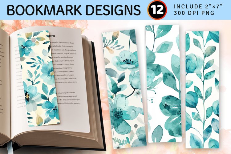 Watercolor Teal Pastel Floral PNG Bookmark Sublimation Desig