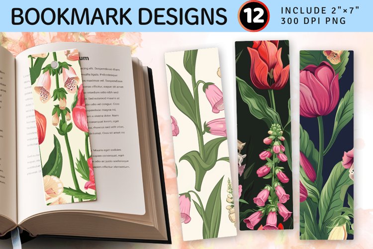 Tulip and Foxglove PNG Bookmark Sublimation Design example image 1