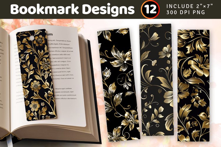 Black and Gold Floral PNG Bookmark Sublimation Designs