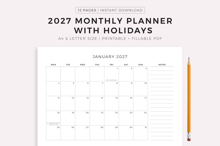 2027 Monthly Planner with Holidays, Landscape, Printable