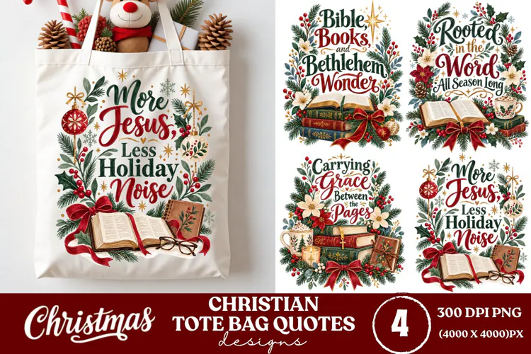 4 Christian Christmas Tote Bag PNGs, 4 Bible Lover Christmas