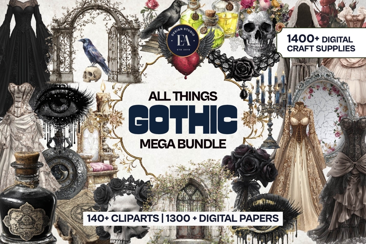 Gothic Digital Papers & Cliparts Mega Bundle |Mystic vintage