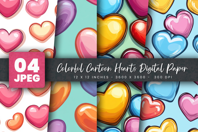 Colorful Cartoon Hearts Digital Paper