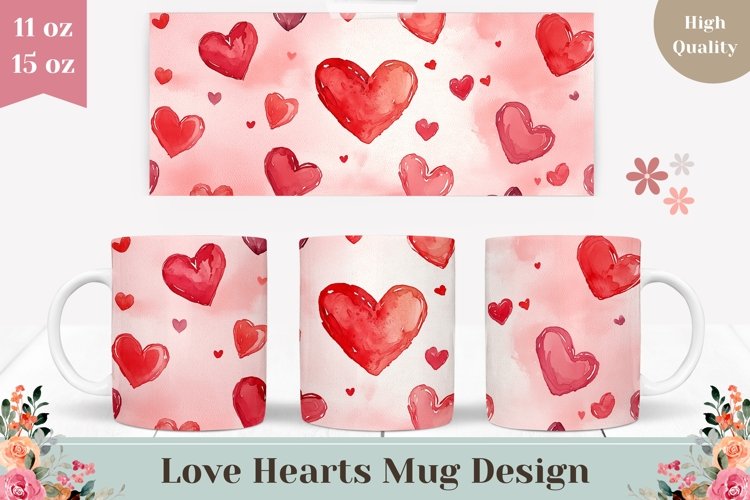 Cartoon Hearts Mug Wrap, Red Love Hearts Mug Template