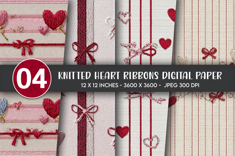 Knitted Heart Ribbons Digital Paper