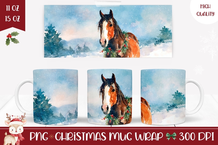 Watercolor Christmas Horse Mug, Winter Animals Mug Wrap