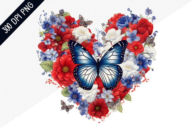 Butterfly And Floral Heart - 4Th Of July Sublimation Design