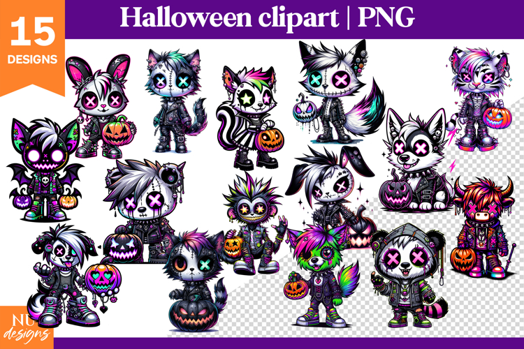 Creepy Cute Halloween clipart, Neon Gothic Halloween Clipart