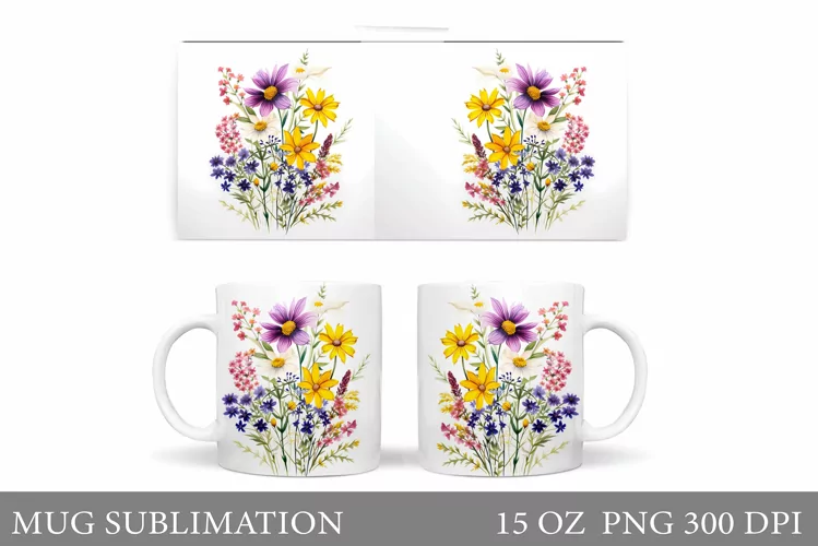 Flowers Mug Wrap Sublimation. Wildflowers Mug Design