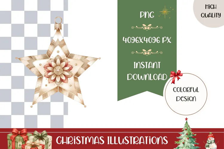 Boho Christmas Star Illustration, Gold Christmas PNG