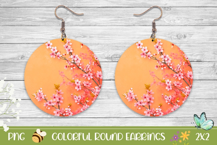 Floral Earrings PNG, Sakura Round Earrings Sublimation