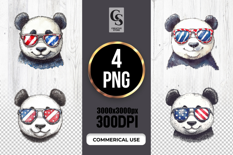 Patriotic Panda Sunglasses Watercolor Clipart PNG