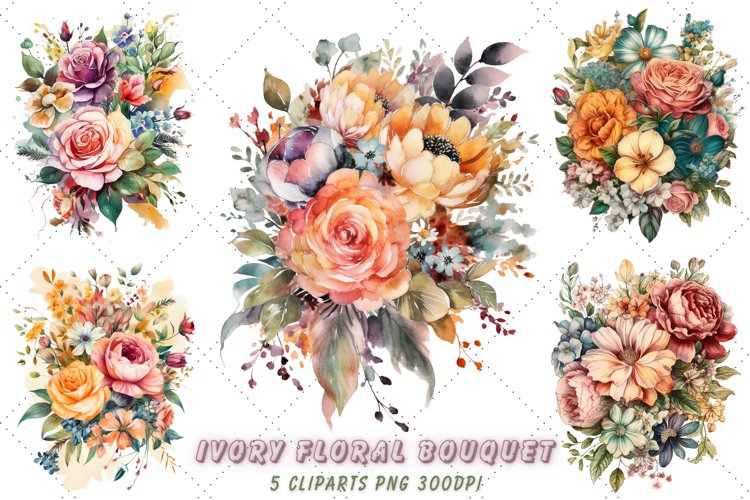 Watercolor Ivory Floral Bouquet Clipart Bundle