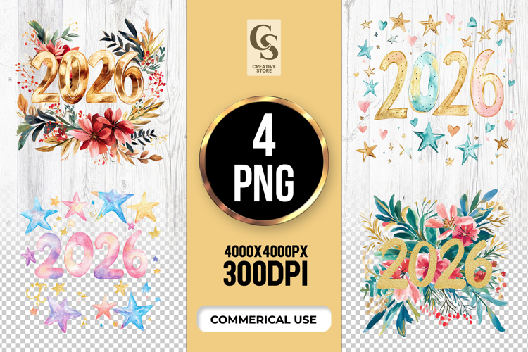 Year 2026 Floral Star Watercolor Clipart Sublimation PNG
