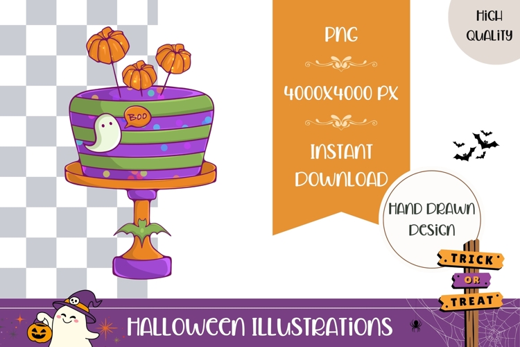 Hand Drawn Halloween Cake Illustration, Cute Halloween Cake
