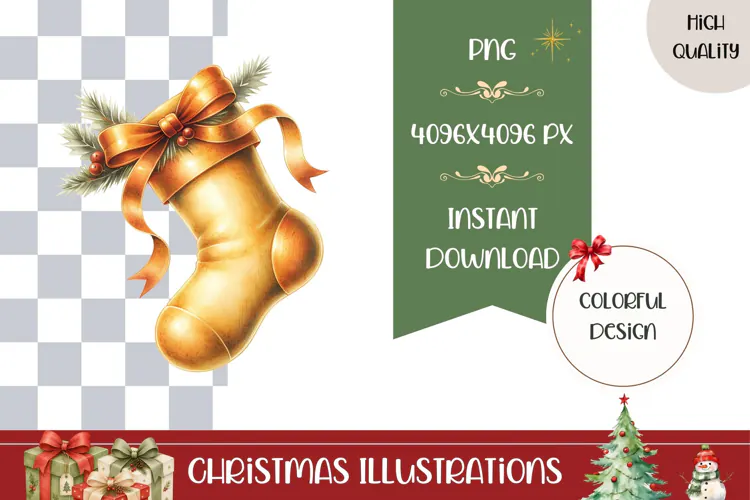 Cartoon Christmas Sock Illustration, Gold Christmas PNG